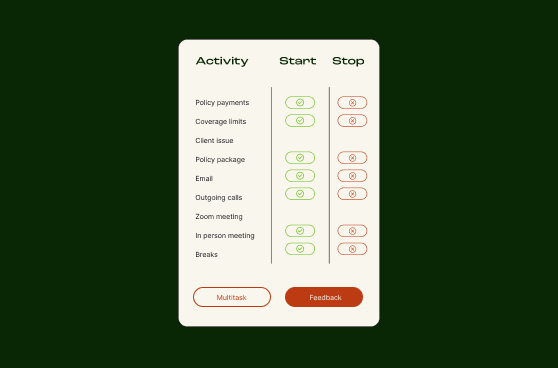 Table to show start and stop times for activity tracking in the OpScope platform, all on a dark green background