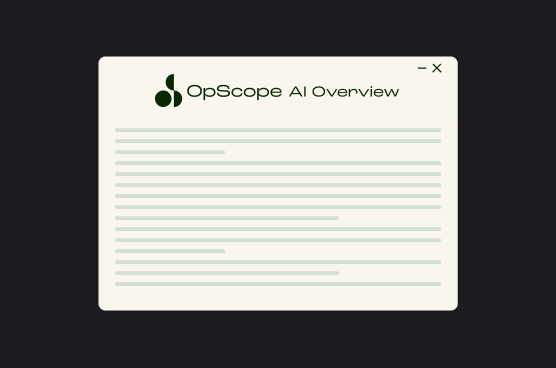 Blurred lines of copy in an AI summary from the OpScope platform, on a dark green background